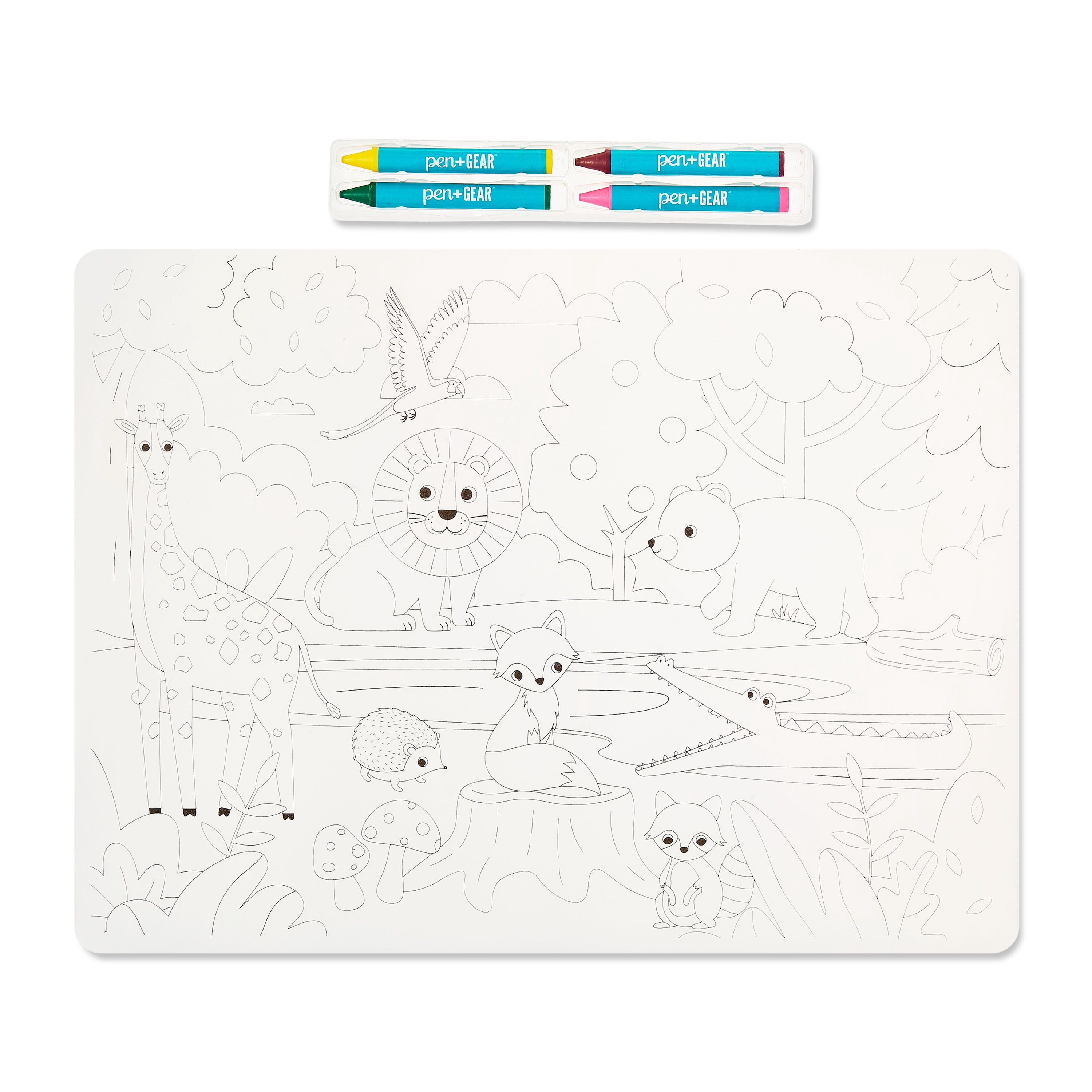 Pen+Gear Washable Jungle Coloring Placemat Kit with 4 Crayons, Black and White