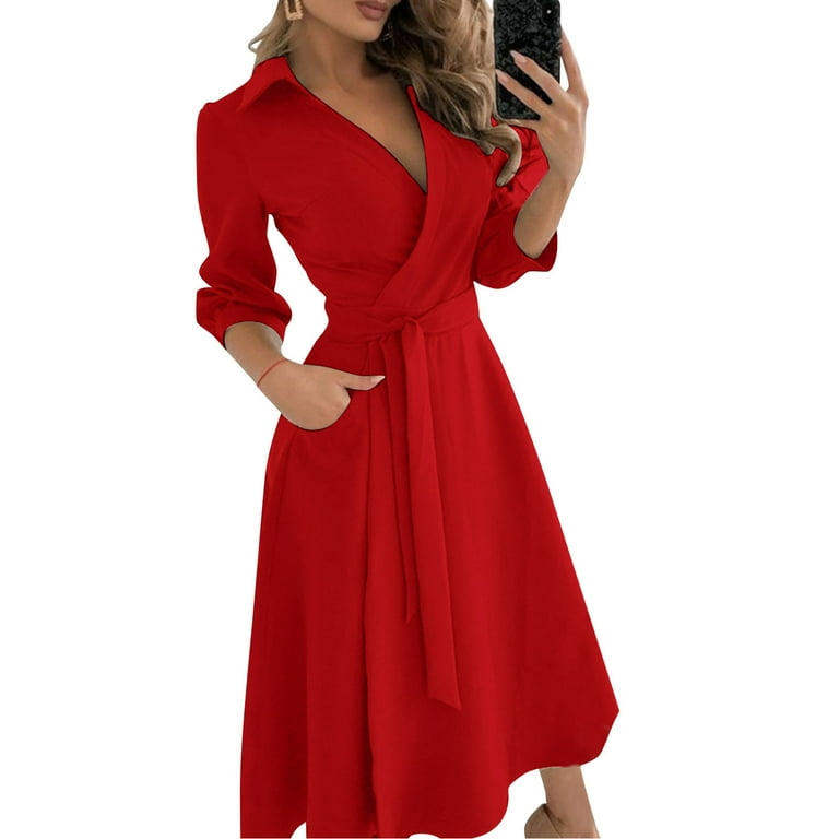 Pzocapte Cheap Dresses Summer Sundress Womens Dress with Pockets Body Long Slim Wrap Dress Fashion Lacing V Neck Womens Color Women s Dress V Neck Women Dresses Long Skirt with Shorts Walmart