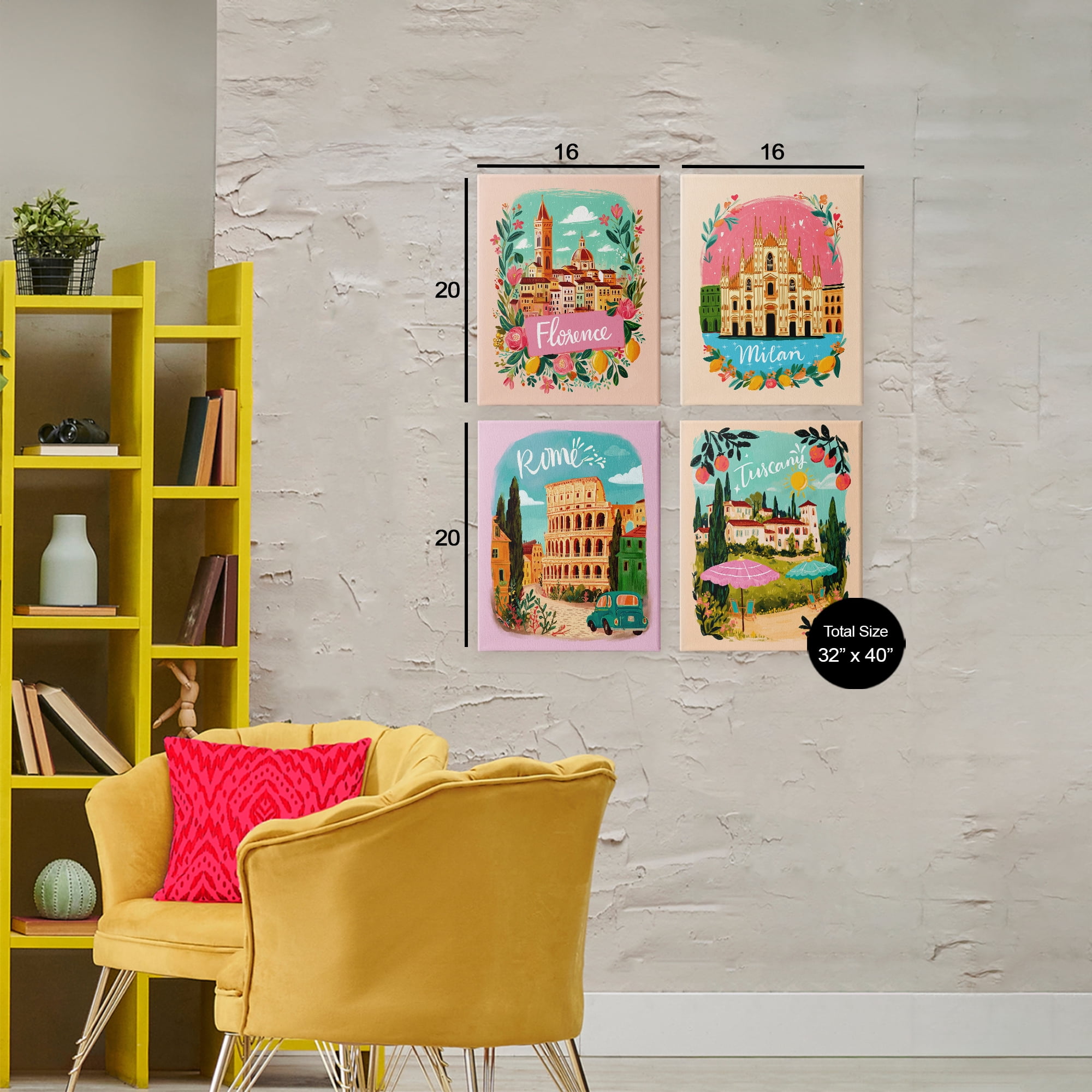 Italy Travel Locations with Florals 4 Piece Canvas Wall Art Set, design by Yen