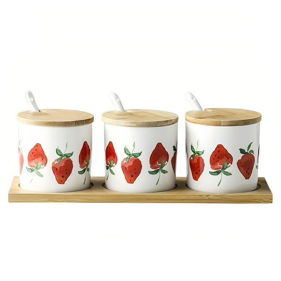 Sugar Bowl With Lid And Spoon, Sugar Jar, Sugar Pot, Sugar Dish, Storage Jar, Sugar Dish, Sugar Container-Big Strawberry-set of 3