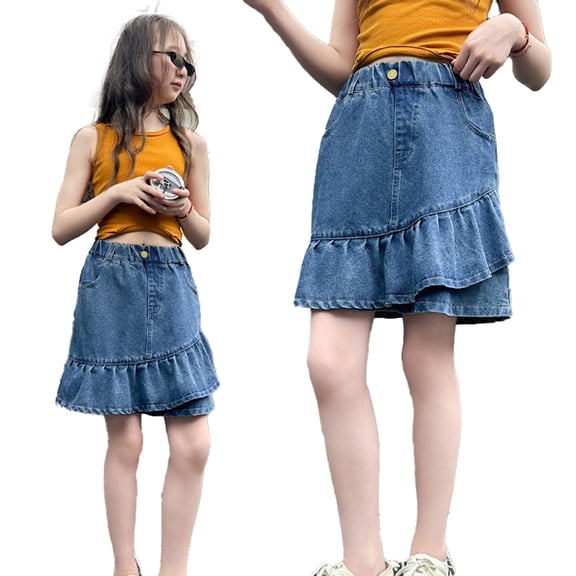 LYMAYTER Kids Girls Denim Skort Elastic High Waist Solid Ruffle Hem Regular Fit Casual Short Skirt 5-14Y