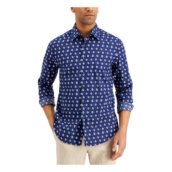 TASSO ELBA Mens Navy Spread Collar Classic Fit Dress Shirt S