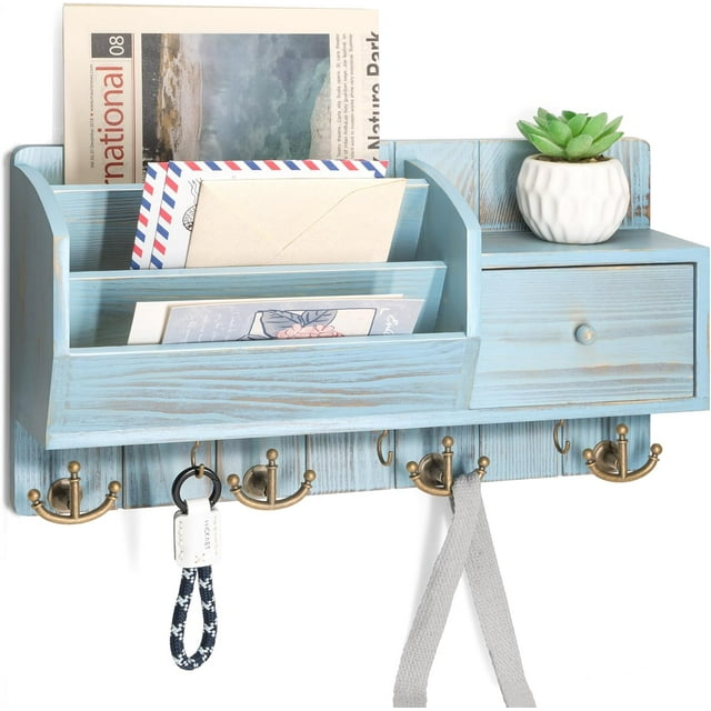 Key Holder Wall Mount Mail Organizer Wall Mount with Storage Hooks and Drawer for Modern Farmhouse Decor Mail Organizer Wall Mounted for Rustic Apartment Essentials ()
