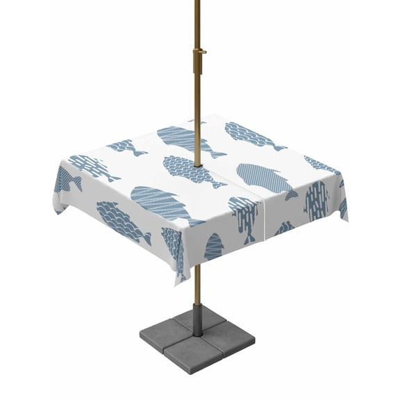 Outdoor Tablecloth with Umbrella Hole for Patio/Picnic/Party/Camping, Abstract Art Fish Blue Waterproof Table Cloth Square Cover Washable, Coastal Ocean Summer Marine Life (54"x 54")