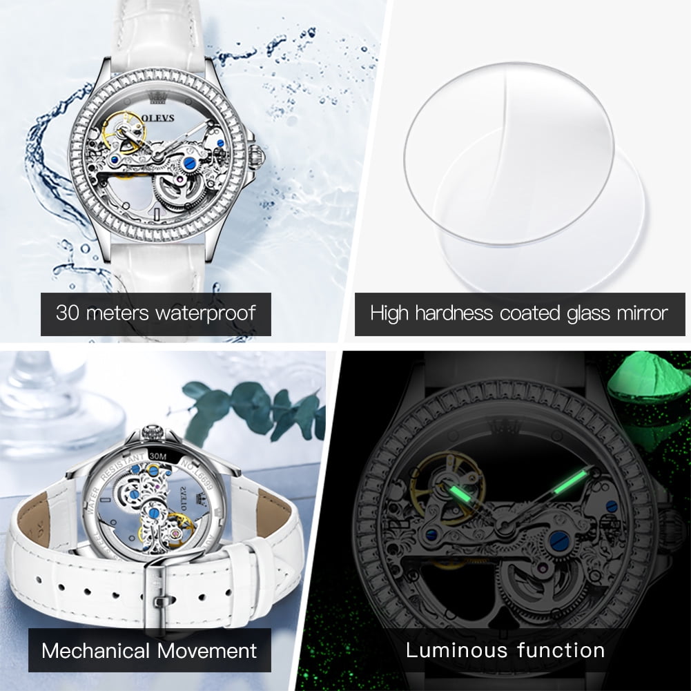 OLEVS Automatic Watches for Womens Mechanical Diamond Skeleton Self Winding Leather Luxury Dress Waterproof Luminous Ladies Watches Womens Wrist Watches Gift Reloj Para Mujer