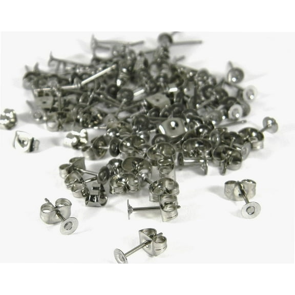 50 Hypo-Allergenic Titanium Post Earring Findings with Surgical Grade 304 Stainless Steel 4mm Round Flat Pad & Stud Backings