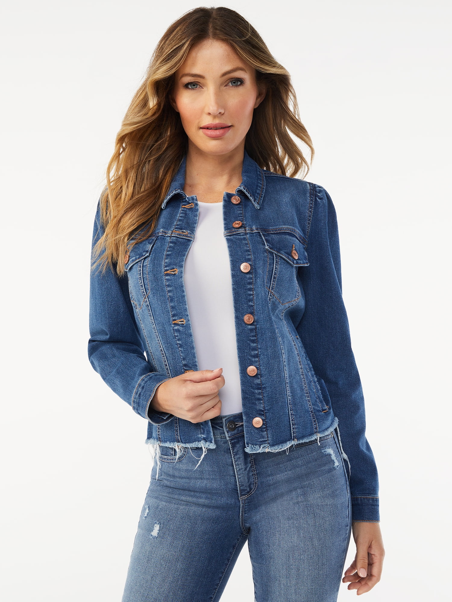 Sofia Jeans by Sofia Vergara Women's Cropped Fray Hem Jacket with Puff Sleeves