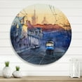 thumbnail image 2 of Designart 'Blue Tram At Sunset With Church During Sunset Cityscape' Nautical & Coastal Circle Metal Wall Art 23x23 - Disc of 23, 2 of 5
