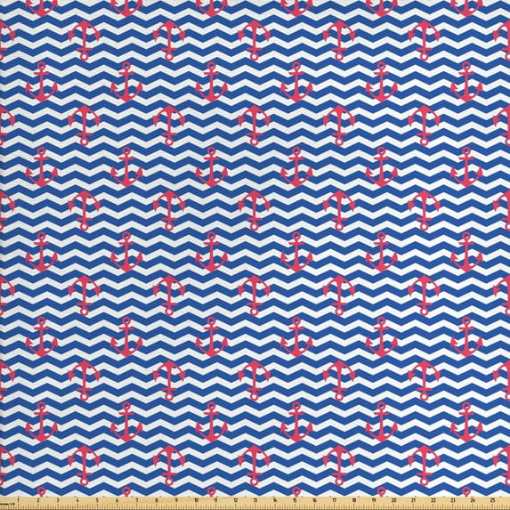 Anchor Upholstery Fabric by the Yard, Geometric Design with Anchors Silhouettes on Zigzag Lines Wavy Background, Decorative Fabric for DIY and Home Accents, Blue Dark Coral White by Ambesonne