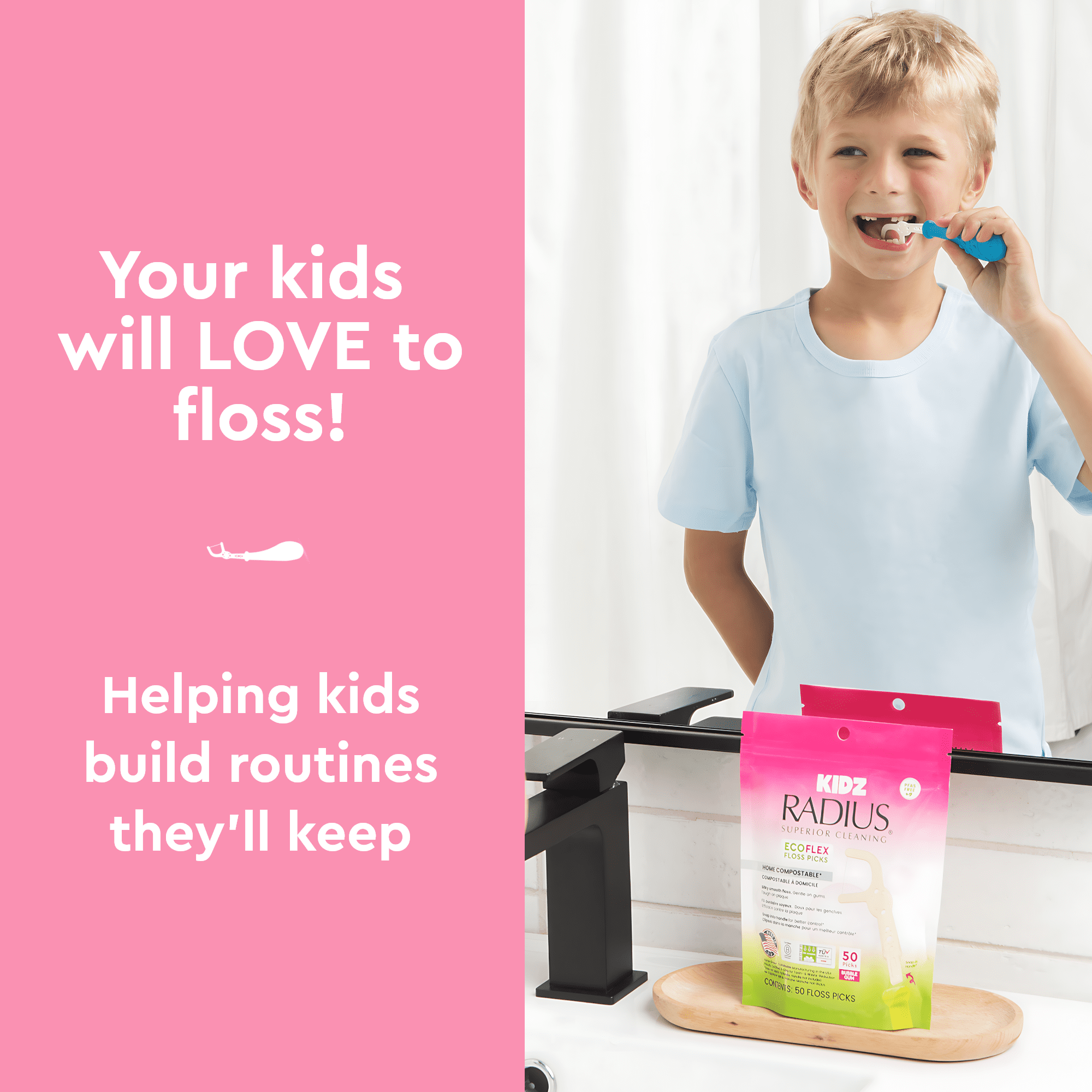 RADIUS Bubblegum EcoFlex Kidz Floss Picks Starter Kit, 14ct Compostable Floss Picks and Reuseable Handle for Kids Oral Care, Non Toxic Tooth & Gum Protection