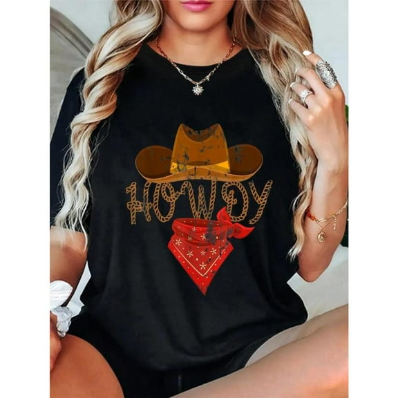 Classic Western Cowboy Print T-shirts 'Howdy' Printed Vintage Graphic Tees Short Sleeve Pattern Tops for Mens Ranch & Rodeo Wear,S-5XL