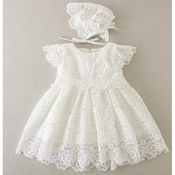 Baby Girls Baptism Dress Christening Gown with Bonnet Embroidery Crochet Lace Design 3M