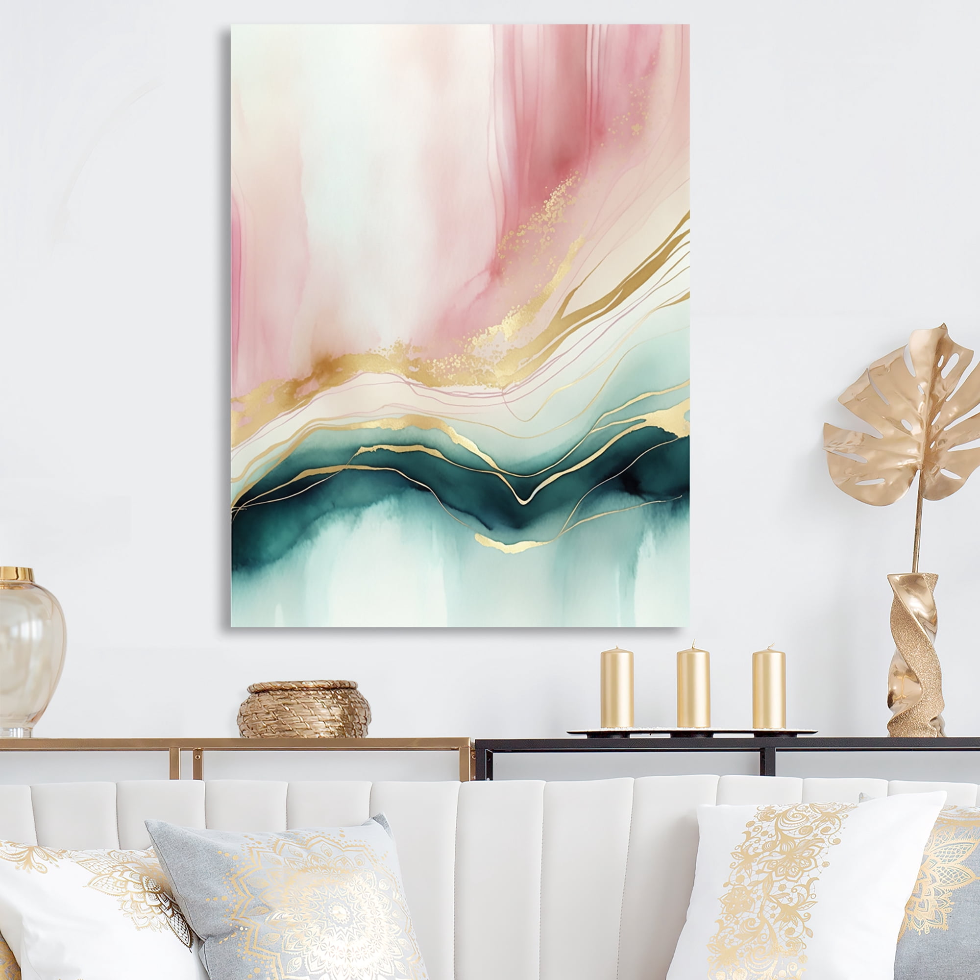Designart Abstract Geode Pink And Green Marble II Canvas Wall Art