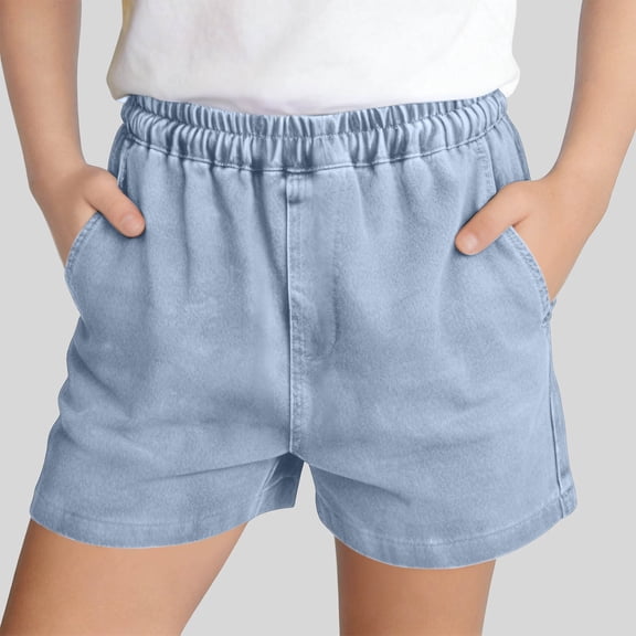 Eltusu Girls Denim Shorts, Above the Knee Relaxed Fit Solid Color Elastic Waistband Kids Jeans Shorts Light Blue Size 8 T