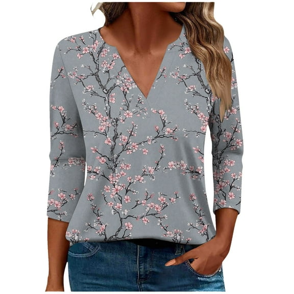 CYMMPU Blouses for Women Dressy Casual V Neck Spring Tunic Tops Fall Fashion Shirts 3/4 Sleeve Floral Printed Loose Fit Business Elegant Work Topss XXXL