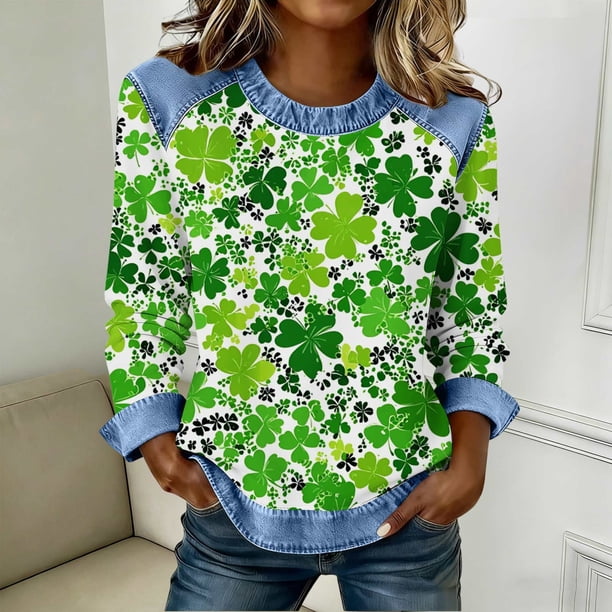 TaTaai 2026 Spring St Patrick Day Solid Color Top for Women Long Sleeve Patchwork Round Neck Casual Blouse Soft Comfy Shirt Daily Holiday Celebration Outfits Gift