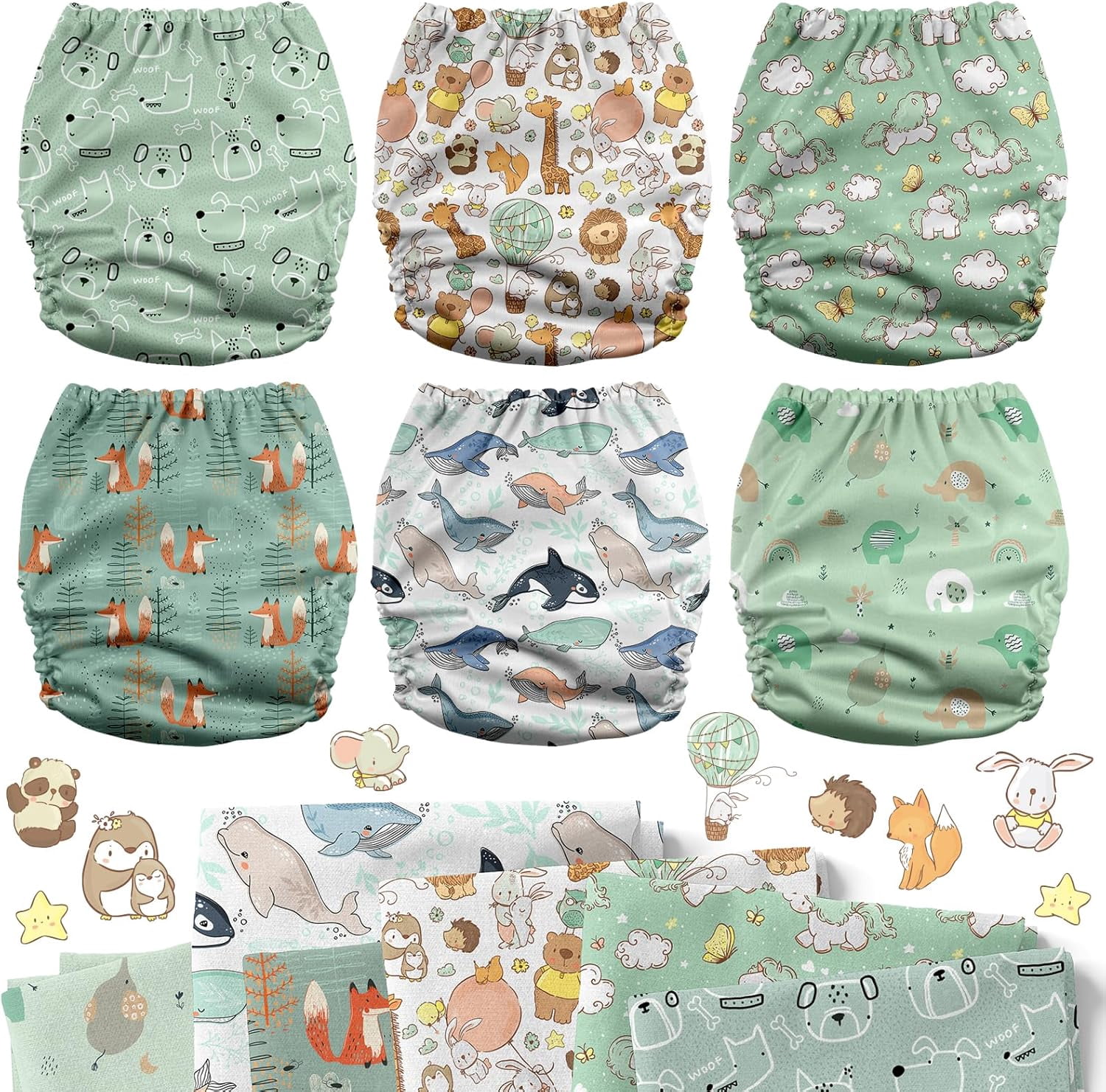 3.0 Pocket Cloth Diapers for Babies with AWJ Lining, 6 Pack with 6 4-Layer Natural Cloth Diaper Inserts - Reusable and Washable Pocket Diapers (Adorable Animal)