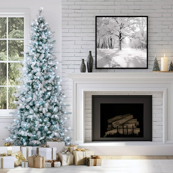 National Tree Company 7.5 ft. Pre-lit Feel Real® Artificial Snowy Comet Slim Christmas Tree, Blue, 550 Cool White LED Lights, PowerConnect System, Includes Stand