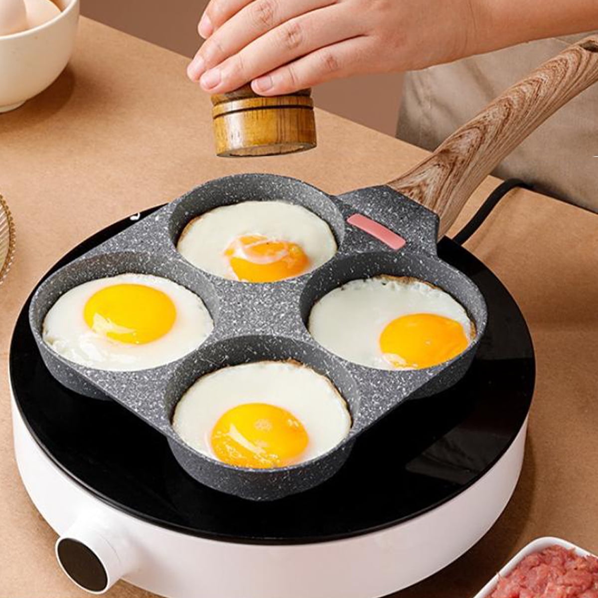 Non-stick Egg Frying Pan, 4 Holes Skillet with Handle,Multifunctional Wooden Handle Omelet Non-stick Cookware Frying Pan,Versatile Breakfast Skillet for Eggs Pancakes Plett Crepes(White)