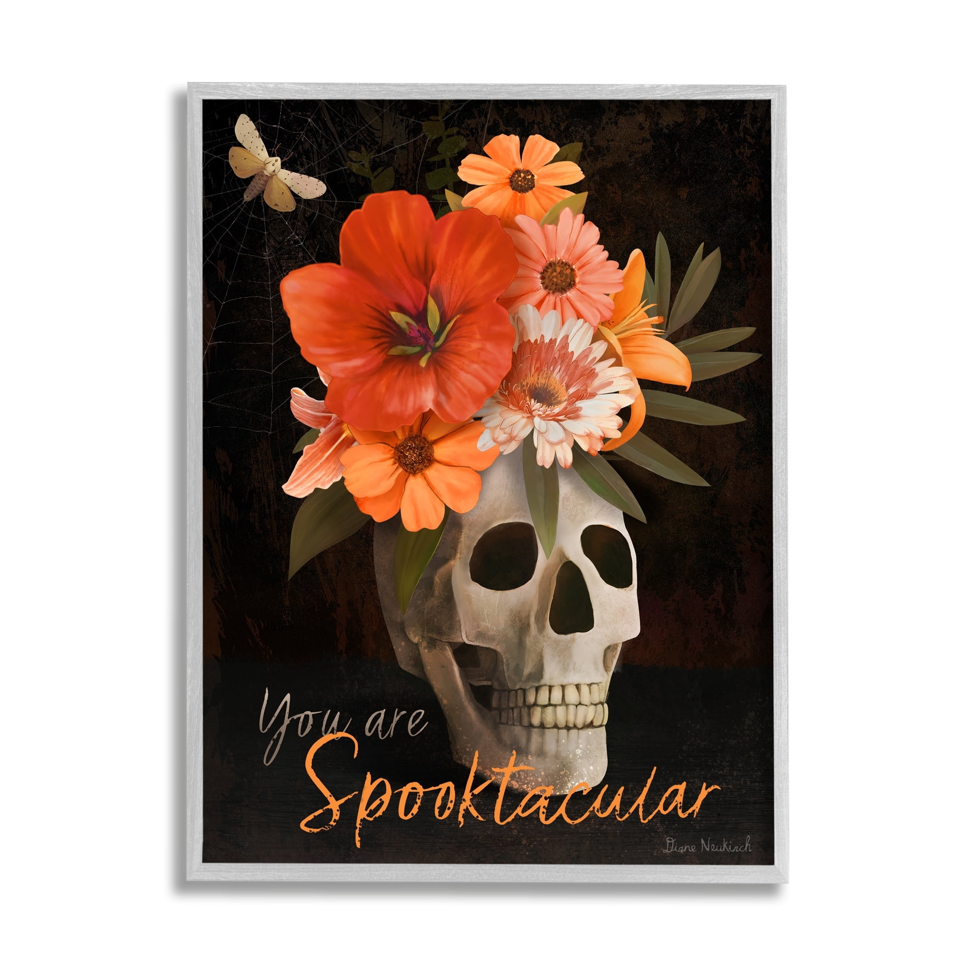 Stupell Industries Spooktacular Halloween Skull Flower Arrangement Spider Web Graphic Art Gray Framed Art Print Wall Art, Design by Diane Neukirch