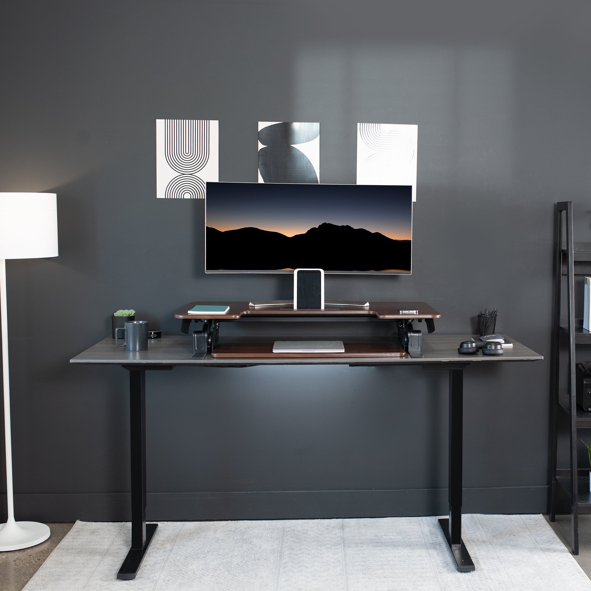 VIVO Dark Wood Height Adjustable Standing Desk Monitor Riser Tabletop Sit Stand
