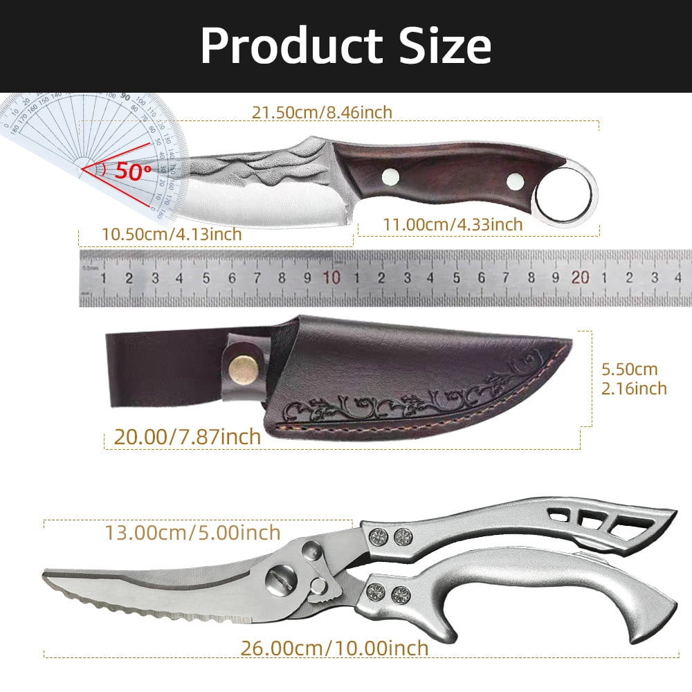 Kitchen Knife Set,Forged Hunting Knife with Heavy Duty Kitchen Shear,Full Tang Fixed Blade Knife Wood Handle with Lanyard,Camping Knife Fishing Knife w/ Sheath