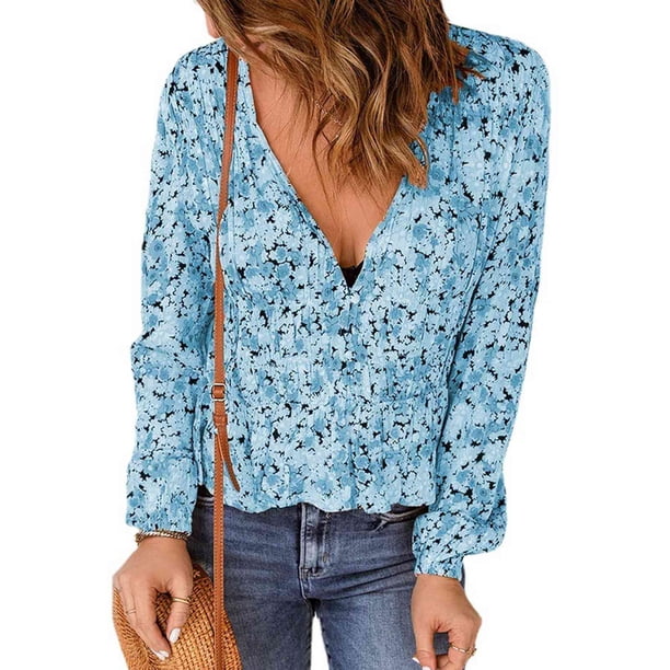 Blusa Túnica, Dobladillo Con Volantes, Suelta, Otoño, Camisa Fluida, Manga Larga, Cuello En V, Floral Para Dama Para Ir De Compras ANGGREK No