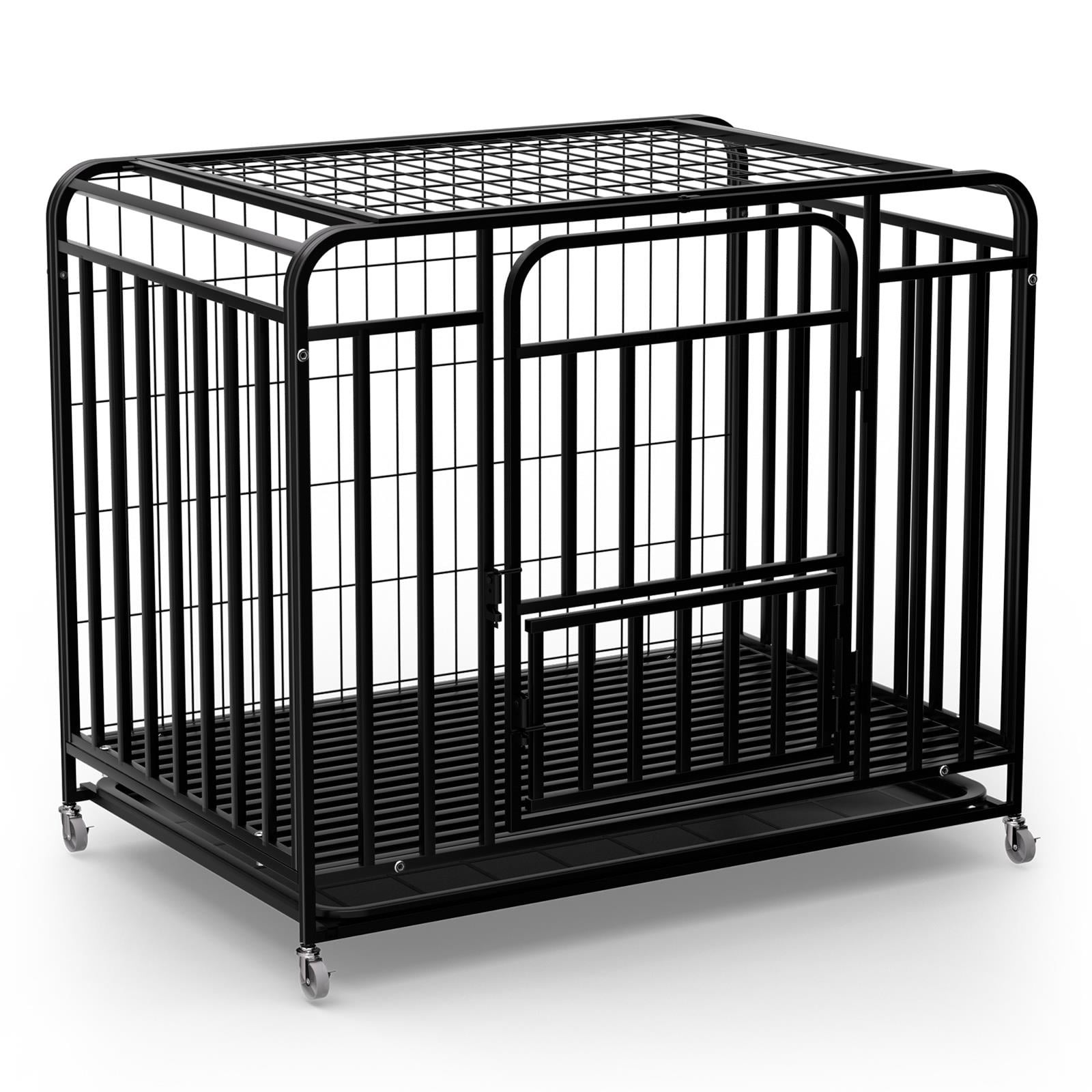 Alloy Steel Dog Crate with Front & Top Door, 36.4" Indoor Outdoor Dog Kennel with Lockable Wheels, Removable Tray for Easy Cleaning