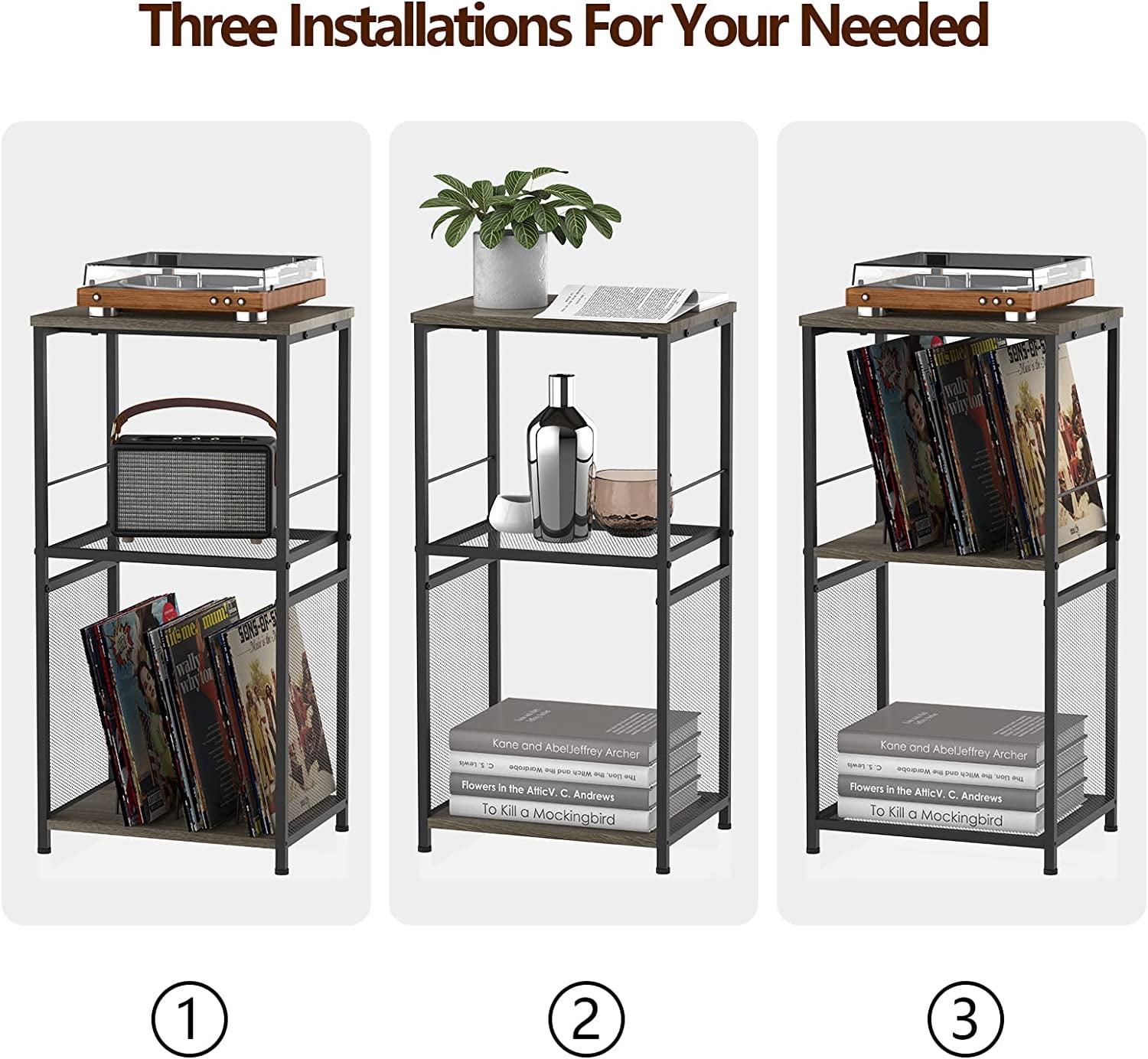 Record Player Stand with Vinyl Record Storage, 3-Tier Gray End Table