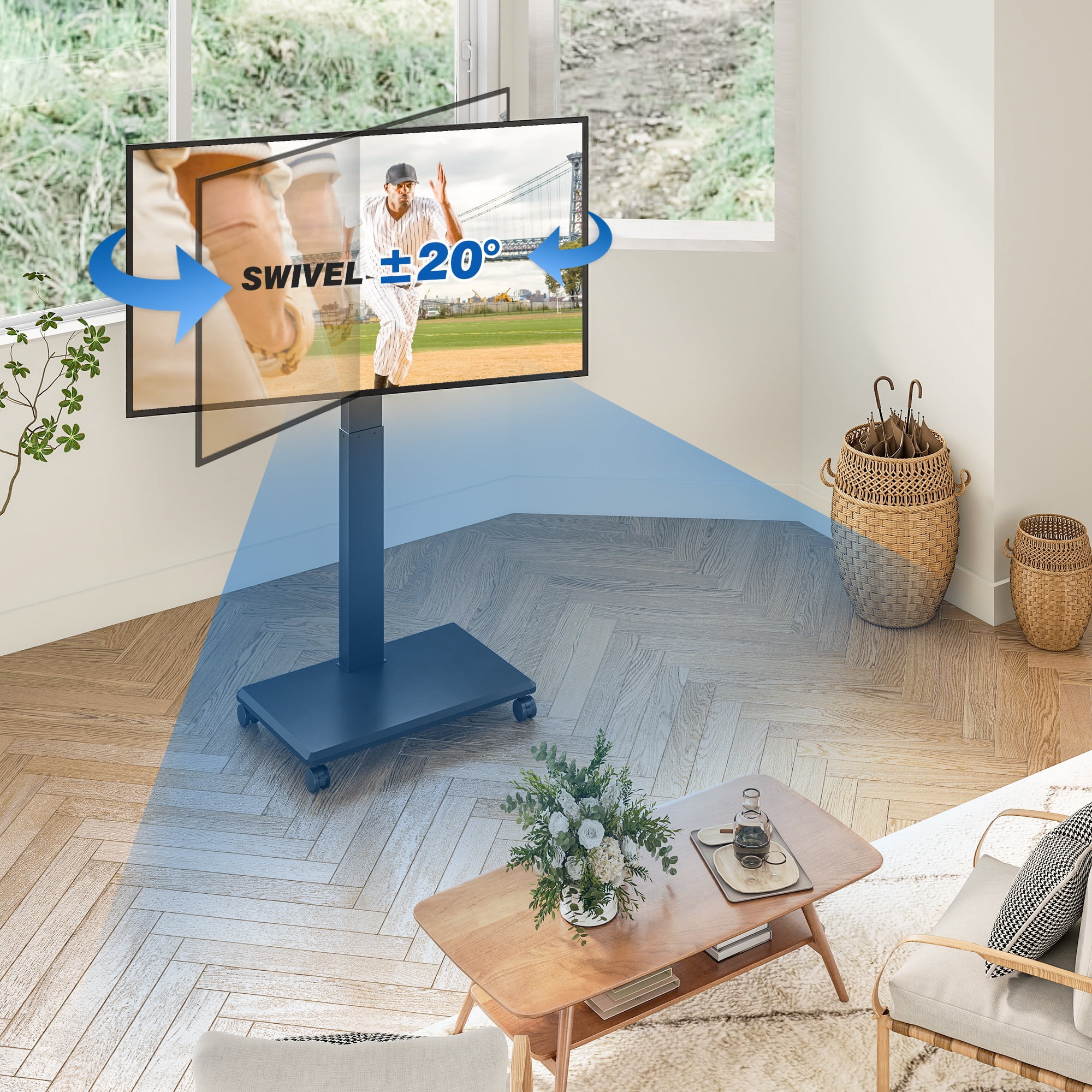 RTVR Mobile TV Cart Stand with Hand Crank Lift for 42-75 inch Screens, ±90° Rotation and ±5° Tilt Height Adjustable Swivel TV Stand with Wheels, Black