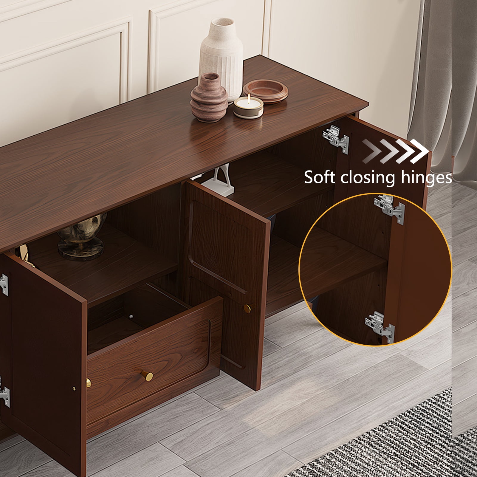 HLR Mid Century 67" TV Stand, for TVs up to 75", Living Room Entertainment Center with 4 Door Storage Cabinet, Brown