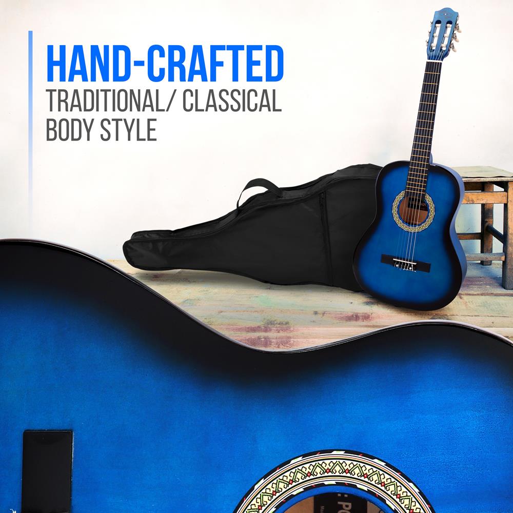 Beginner Classical Acoustic Guitar - 3/4 Junior Size 6 String Linden Wood Guitar w/ Gig Bag, Tuner, Nylon Strings, Picks, Strap, For Beginners, Adults - Pyle PGACLS82BLU (Blu