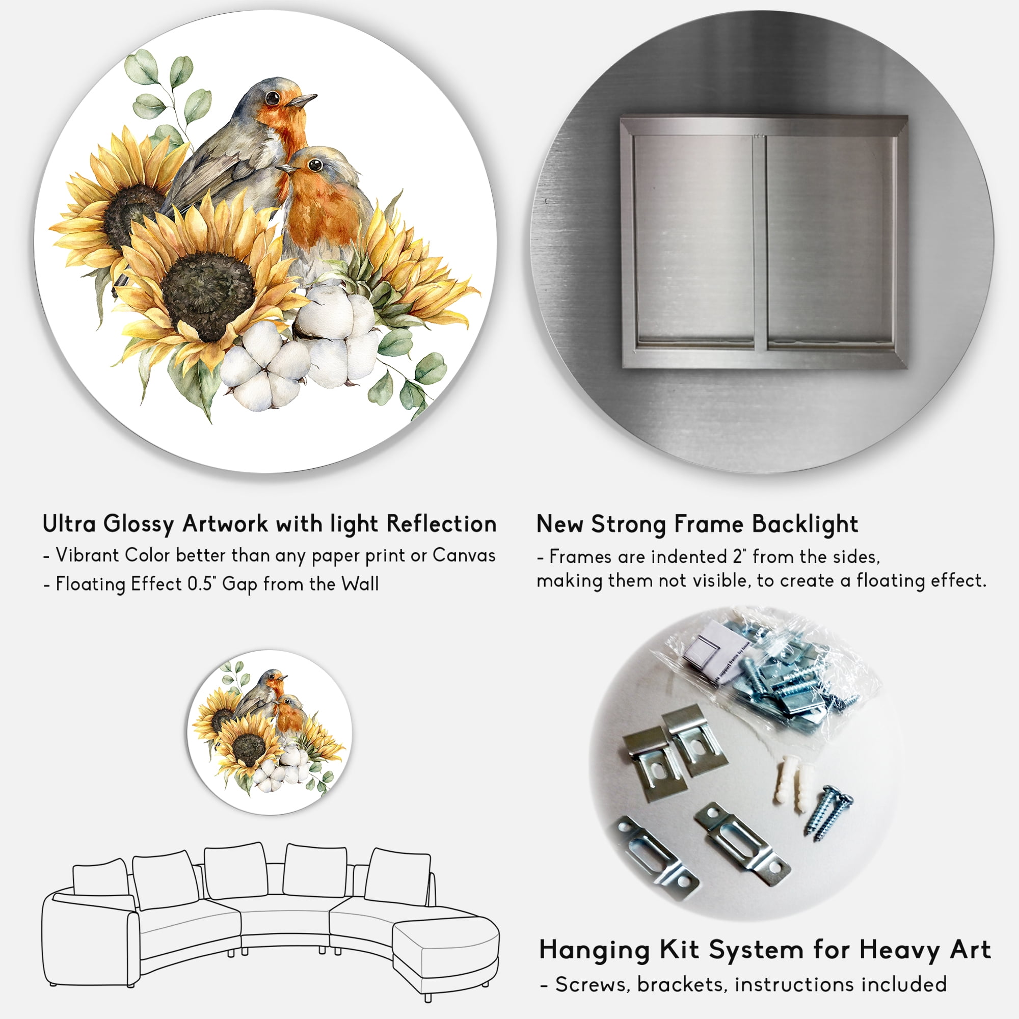 Designart 'Autumn Bouquet With Robin Redbreasts Sunflowers Cotton' Traditional Circle Metal Wall Art 36x36 - Disc of 36