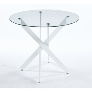 Dining Table with cross metal leg and tempered glass,Modern Space Saving Kitchen Table for Living Room,white legs,90x90x75cm