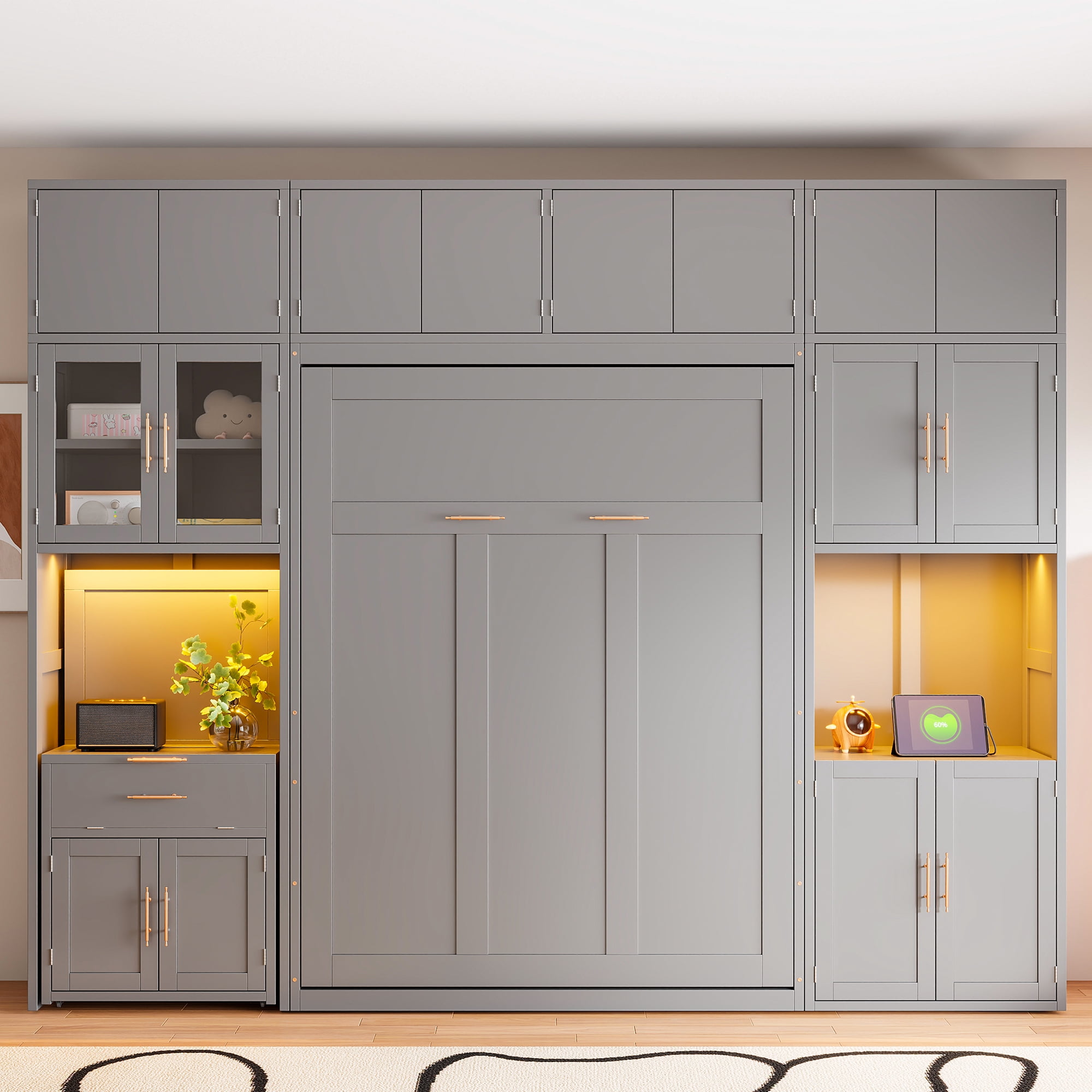 Full Size Murphy Bed with Storage Hutch, Writing Desk, USB, LED Lighted for Small Space, Guest Room
