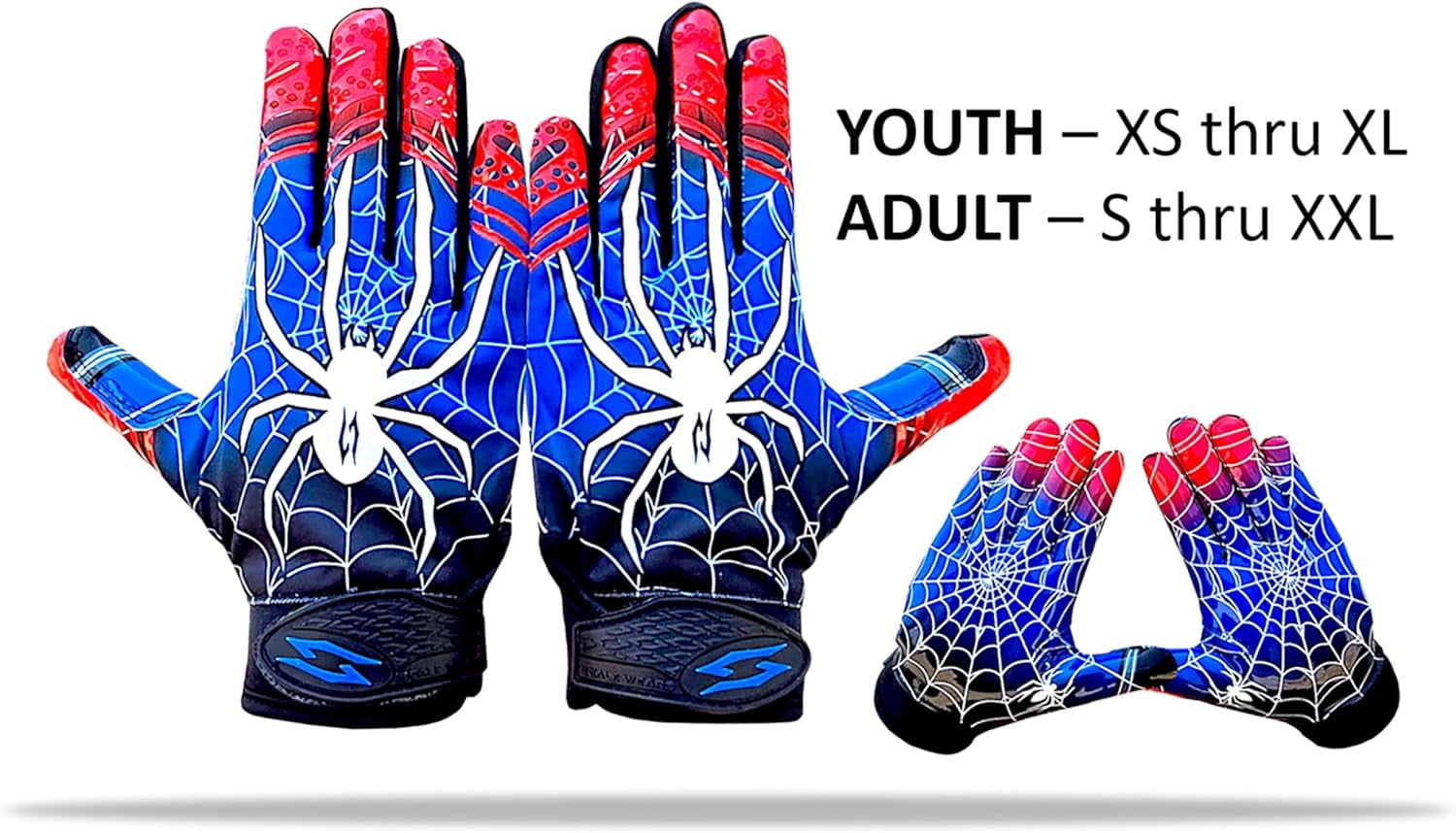 Scale Wear Design Stealth Spider Football Receiver Gloves - Tacky Sticky Grip Skin Tight Adult Pro Elite Super Performance Youth Man Boy Men Sizes (Adult - XL)