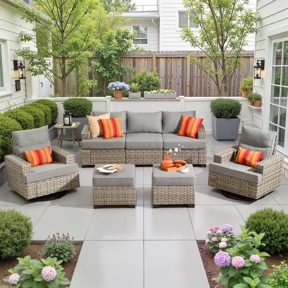 Ovios Patio Furniture Set 8 Pieces Patio Conversation Seating All-Weather Rattan Wicker Outdoor Sectionals with Swivel Rocking Chair for Backyard