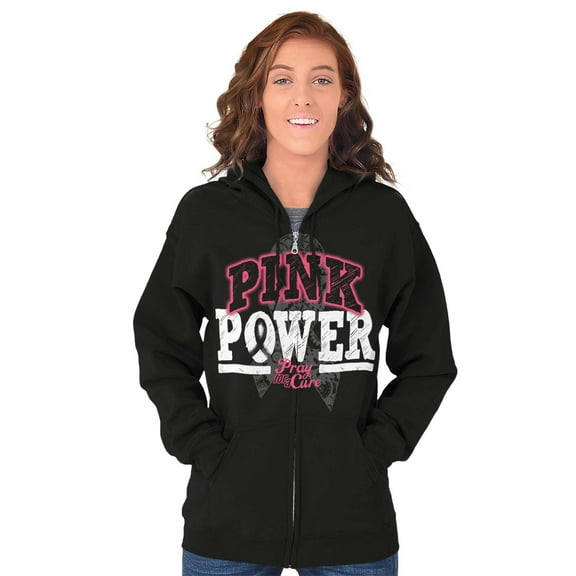 Pink Power Breast Cancer Awareness Zip Hoodie Sweatshirt Women Brisco Brands S