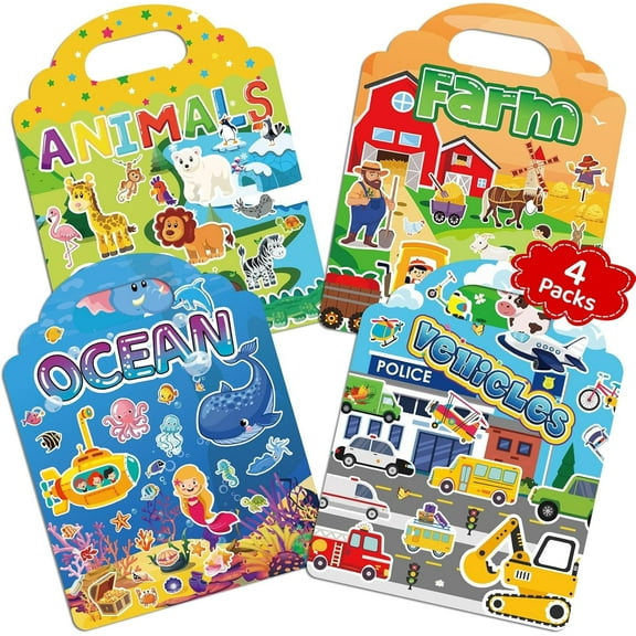 Jelly Sticker Books for Toddlers 2-4 Years, 4 Sets Reusable Sticker Books for Toddlers 1-3, Travel Toys Stickers Activity Book for Ages 2 3 4 5 6 Boy Girl Christmas Gifts (4Sets-Collection 1)