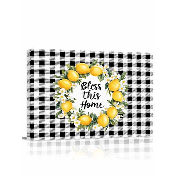 Farmhouse Lemon Wall Art for Living Room,Canvas Picture Wall Decor for Bathroom Bedroom,Bless Home Summer Black Buffalo Plaid Painting Artwork for Office Kitchen Hallway Dining Room Decor 12"x16"