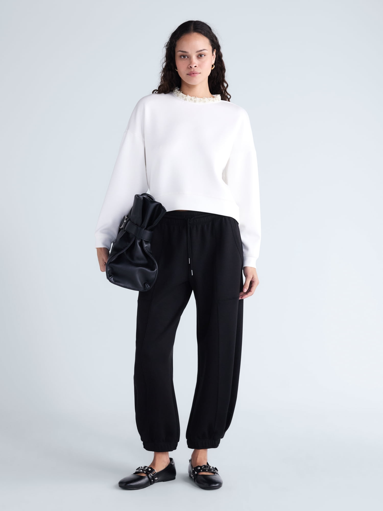 Scoop Women's and Women's Plus Scubaknit Pearl Embellished Sweatshirt, Sizes XS-4X