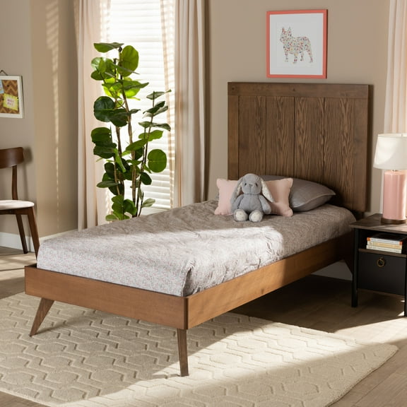 Twin Size Platform Bed - Modern Wood Bed Frame with Headboard - Ash Walnut Finish - Easy Assembly