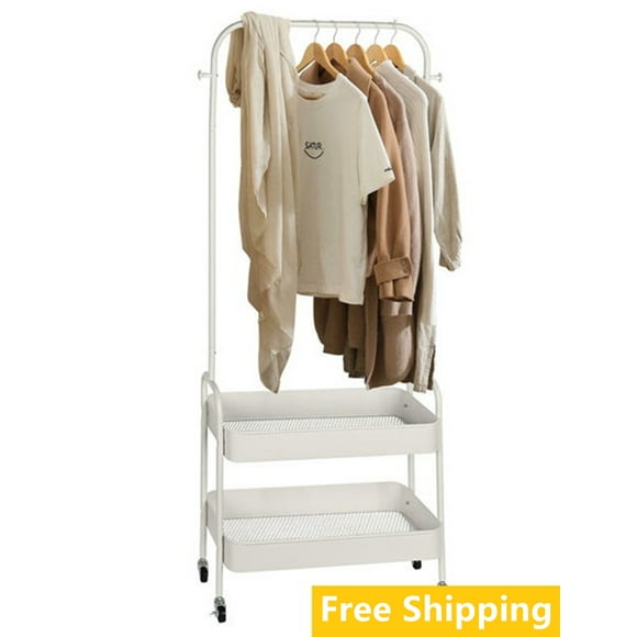 Portable Garment Rack, Clothing Clothes Rack with 4 wheels, 2 In 1 Coat Rack with 2-Tier Storage Basket and Side Hanging Hooks