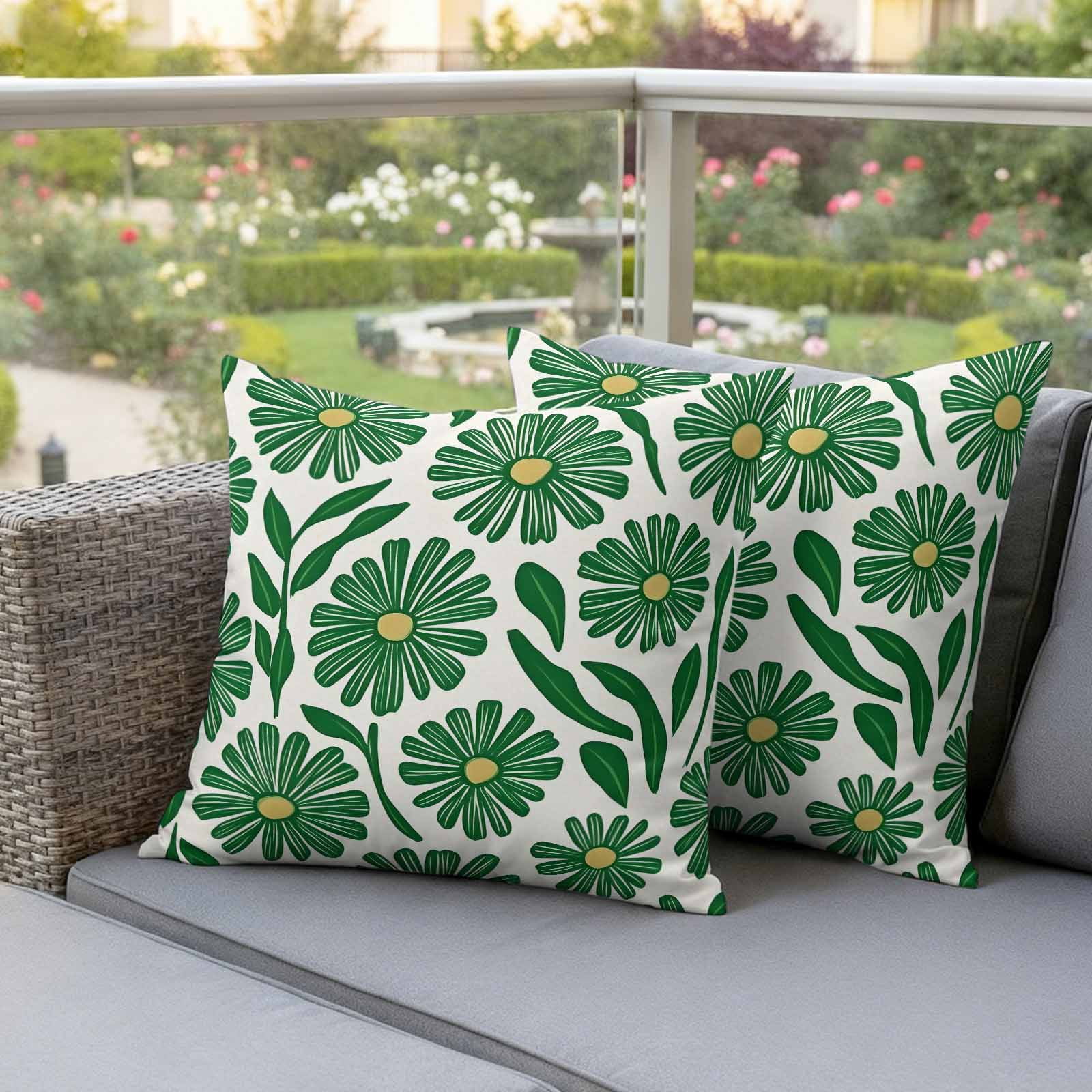 Spring Floral Pillow Covers 2 Pack Watercolo RVintage Green Flower Grenn Leaf Plan Pillowcase Waterproof Outdoor Throw Pillow Cover for Patio Garden Square Cushion 20”x20”