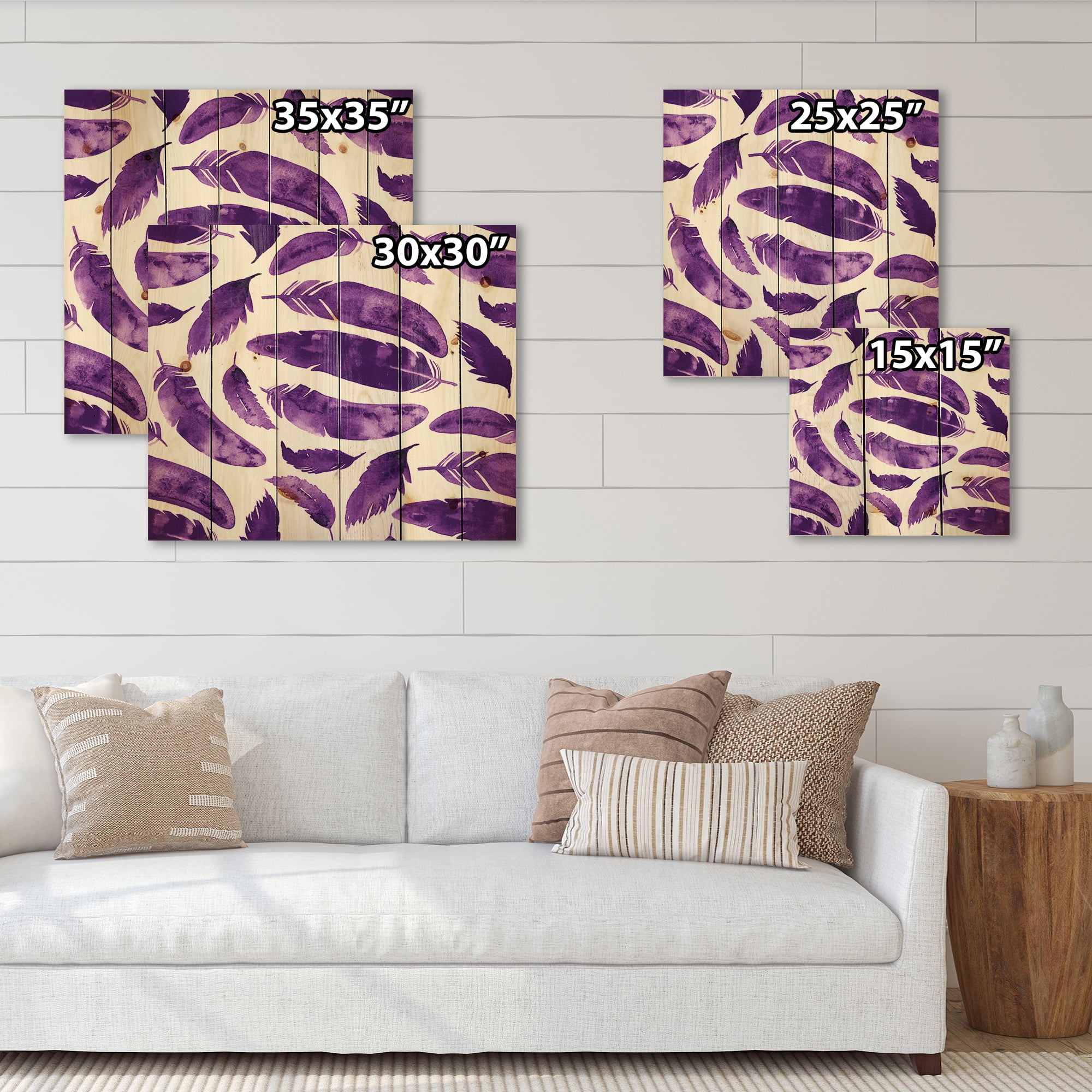 Designart 'Ethnic VIolet Feathers On White' Bohemian & Eclectic Print on Natural Pine Wood