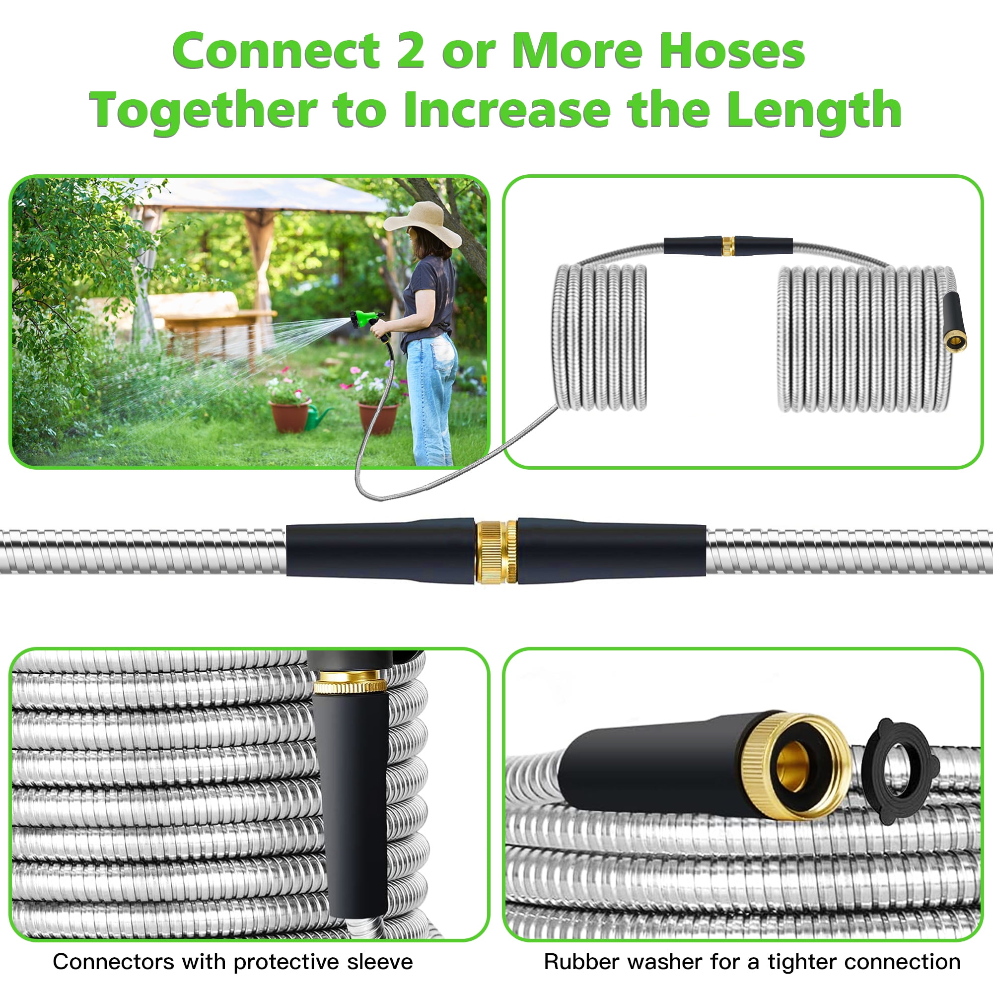 50ft Garden Hose Metal with Nozzle, KIMHY 304 Stainless Steel Water Hose 3 /4 Inch , Kink & Tangle Free, Rust Proof, 150 Psi