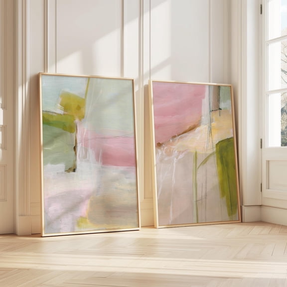 Abstract Pastel Wall Art Mauve and Sage Pastel Green Calming Living Room Decor Set 2 Unframed Paper Print 8x12