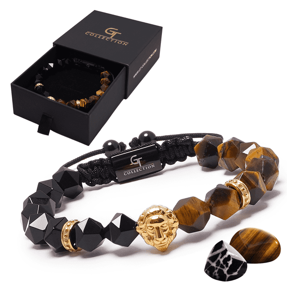 Men's TIGER EYE, ONYX Bracelet with Golden LION Head | Gift for Men | One Size Fits All | 100% Natural | Gemstone Adjustable Bracelet