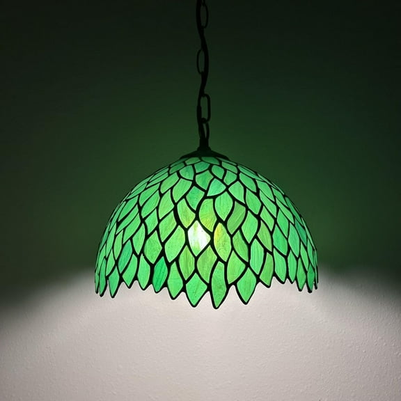 Green Stained Glass Leaves 12-Light Pendant Fixture with LED Bulb for Dining Room, Hotel, Restaurant, Cafe