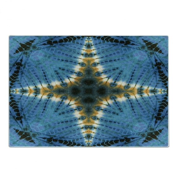 Ethnic Cutting Board, Star in Middle of Color Power Textured Ikat Pattern Print, Decorative Tempered Glass Cutting and Serving Board, Small Size, Blue Orange, by Ambesonne